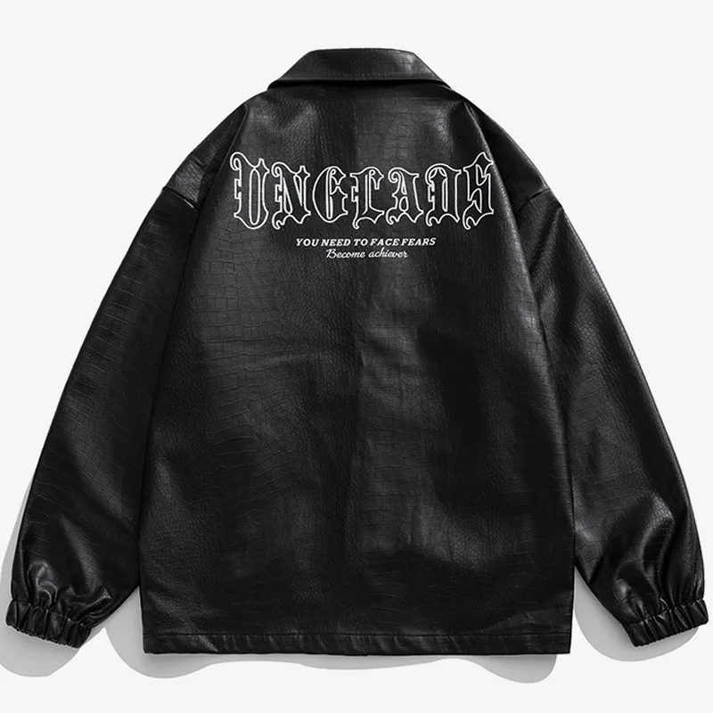 

Men Black Leather Jacket Fall Winter Clothing Gothic Letter Print Windproof Coat Woman Casual Loose Jackets Hip Hop Streetwear