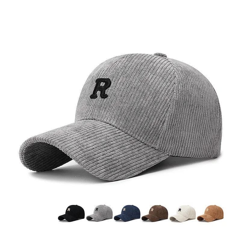 1pc Corduroy Baseball Cap with 3D Embroidered 'R' Letter Solid Color Adjustable Structured Hat Stylish Fall and Winter Accessory