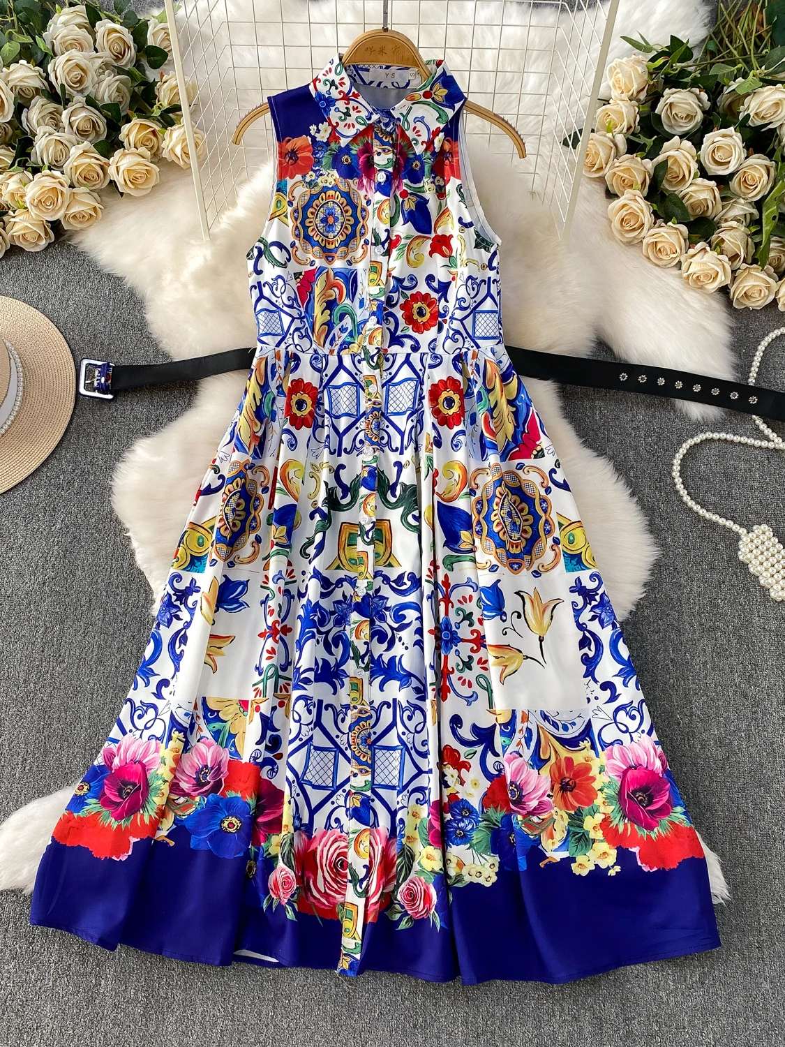 Retro Floral Print Turn-down Collar Svel Dr Women's Waist-cinching Slimming Long Satin A-line Dr for Parties