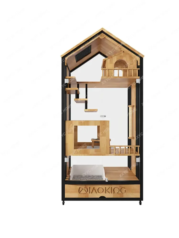 Cat Villa Solid Wood House Home Cabinet Glass Cage Oversized Free Space Panoramic Transparent