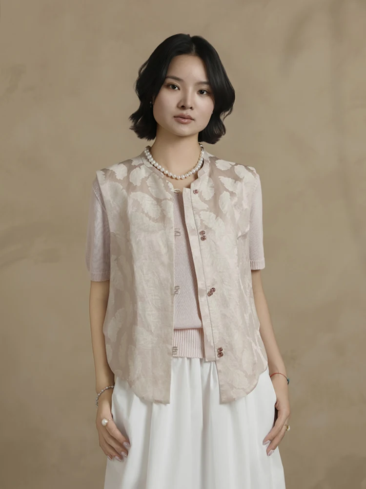 

Ele Silk And Linen Blend Floing Satin Feather Vest Original Design Slimming Versatile Chinese Sle round Ne Single B...