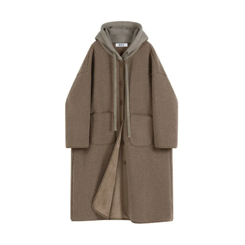 Lamb Fur Coat For Women Autumn Winter Loose Casual Hooded Artificial Fur Coat Lazy Style Single-breasted Mid Length Overcoat