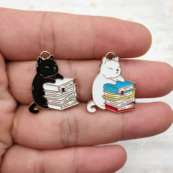10pcs Book Cat Charms for Jewelry Making Enamel Necklace Keychain Phone Pendant Diy Accessories Alloy Metal Gold Plated