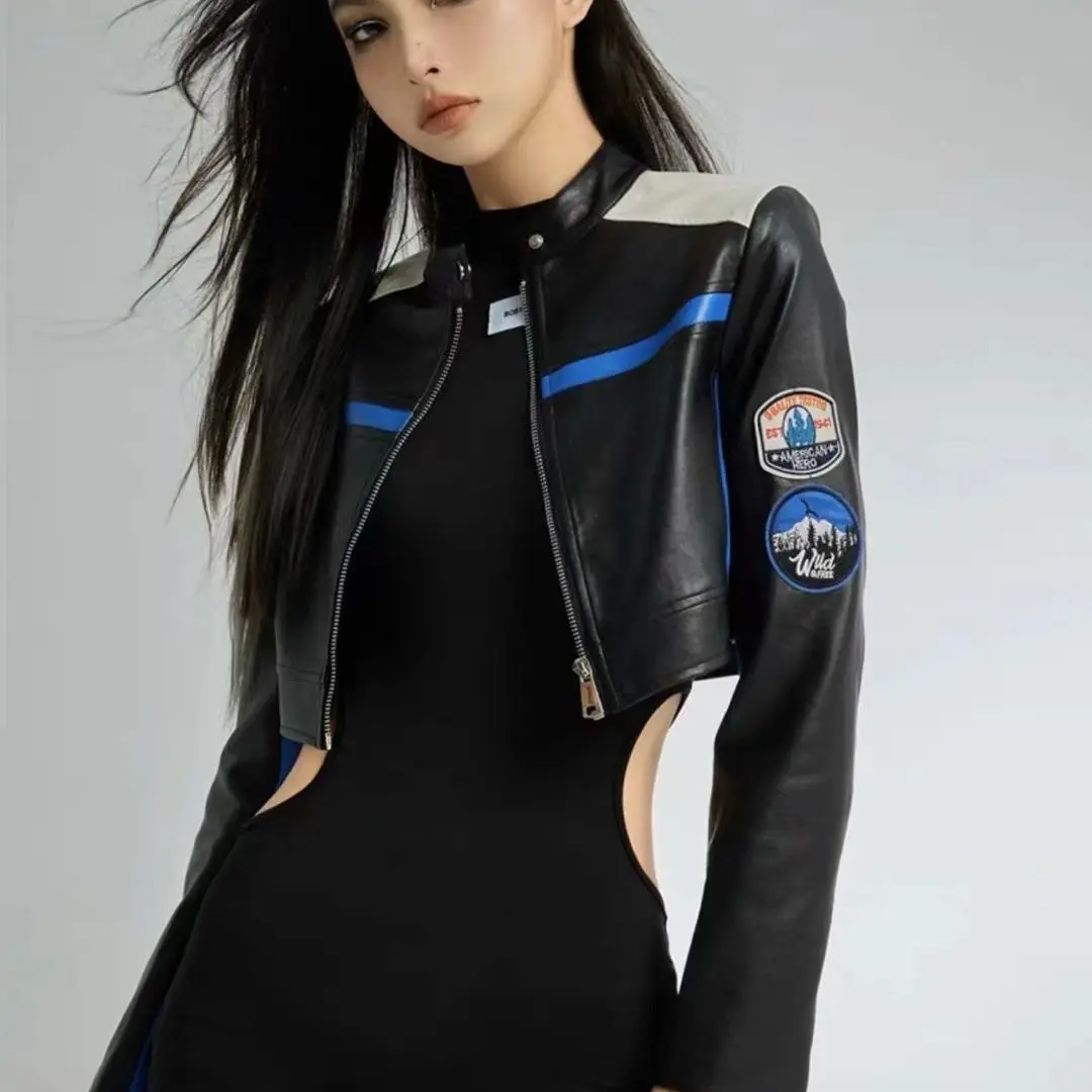 American high street spicy girl baseball PU leather jacket women\'s new short motorcycle jackets harajuku y2k coat women clothes