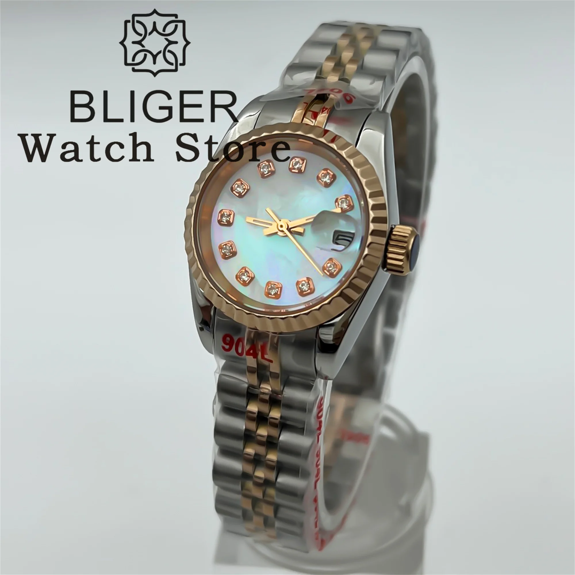 BLIGER 26mm Silver Rose Gold Mechanical นาฬิกาผู้หญิง NH05 การเคลื่อนไหว White Pearl Shell Dial Rose Gold Index วันที่ Sapphire Glass