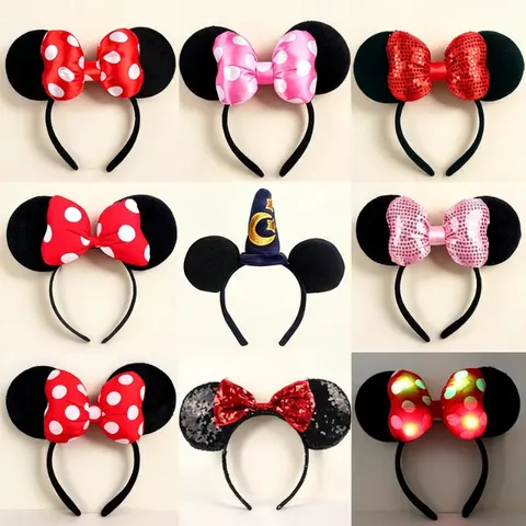Cartoon Mouse Ears Headband Polka Dot Sequins Bow Hair Hoop LED Light Up Headwear Halloween Birthday Party Cosplay Photo Props