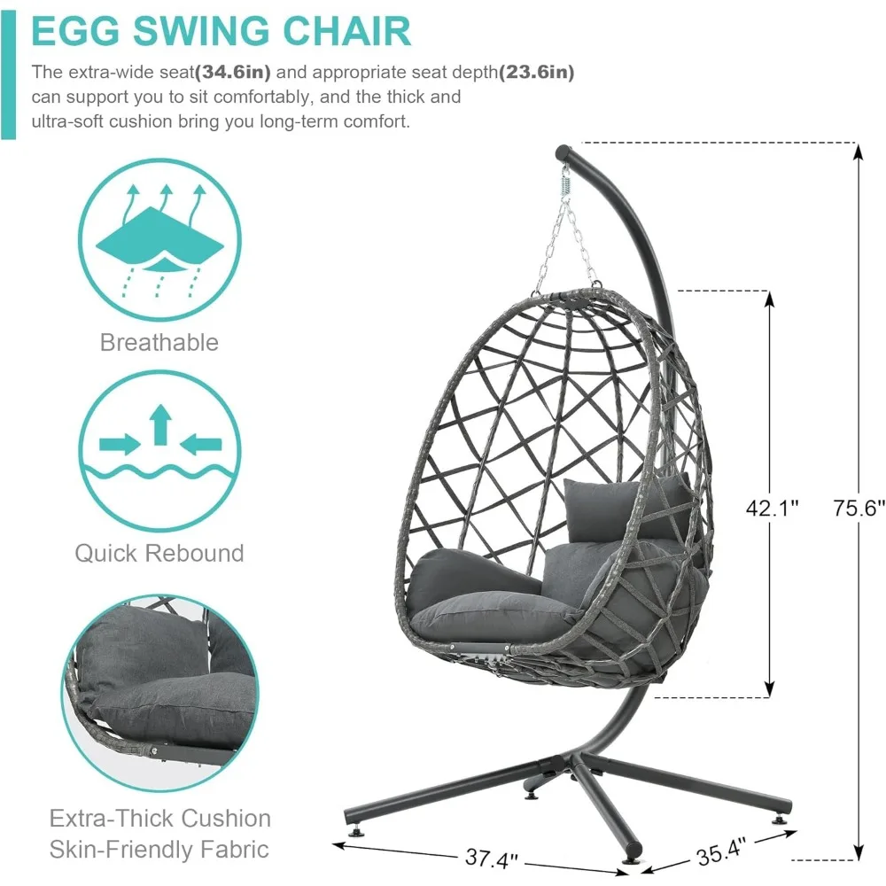 Egg Swing Chair with Stand, Outdoor Patio Hanging Egg Chair, Indoor Hammock Chair with Cushion for Garden Backyard image 2