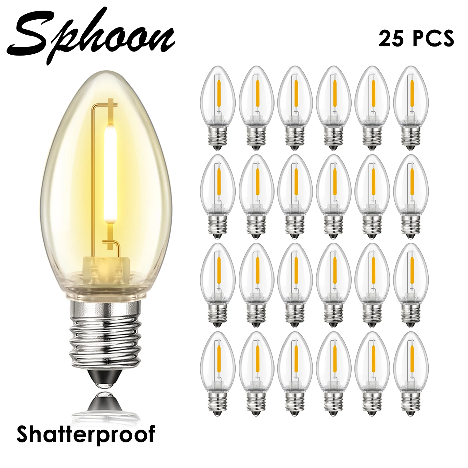 

25PCS C7 Shatterproof Led Bulbs For Christmas Outdoor String Lights E12 Candelabra Base 1W Equivalent to 7W Plastic Edison Bulb