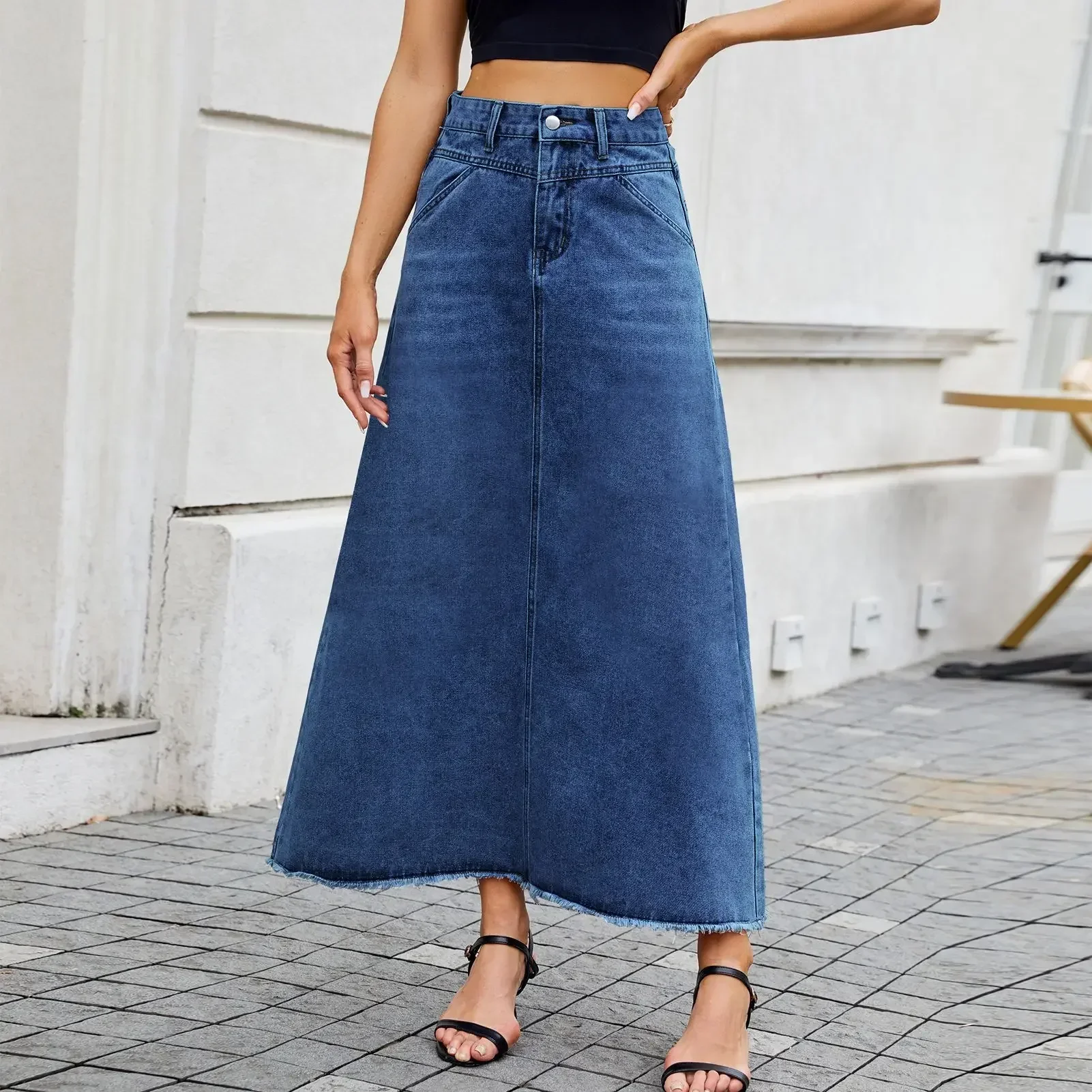 Denim Long Skirt Women Summer Basics Skirts Streetwear High Waist Washed Distressed Pockets Button 2025 Female Vintage A Line