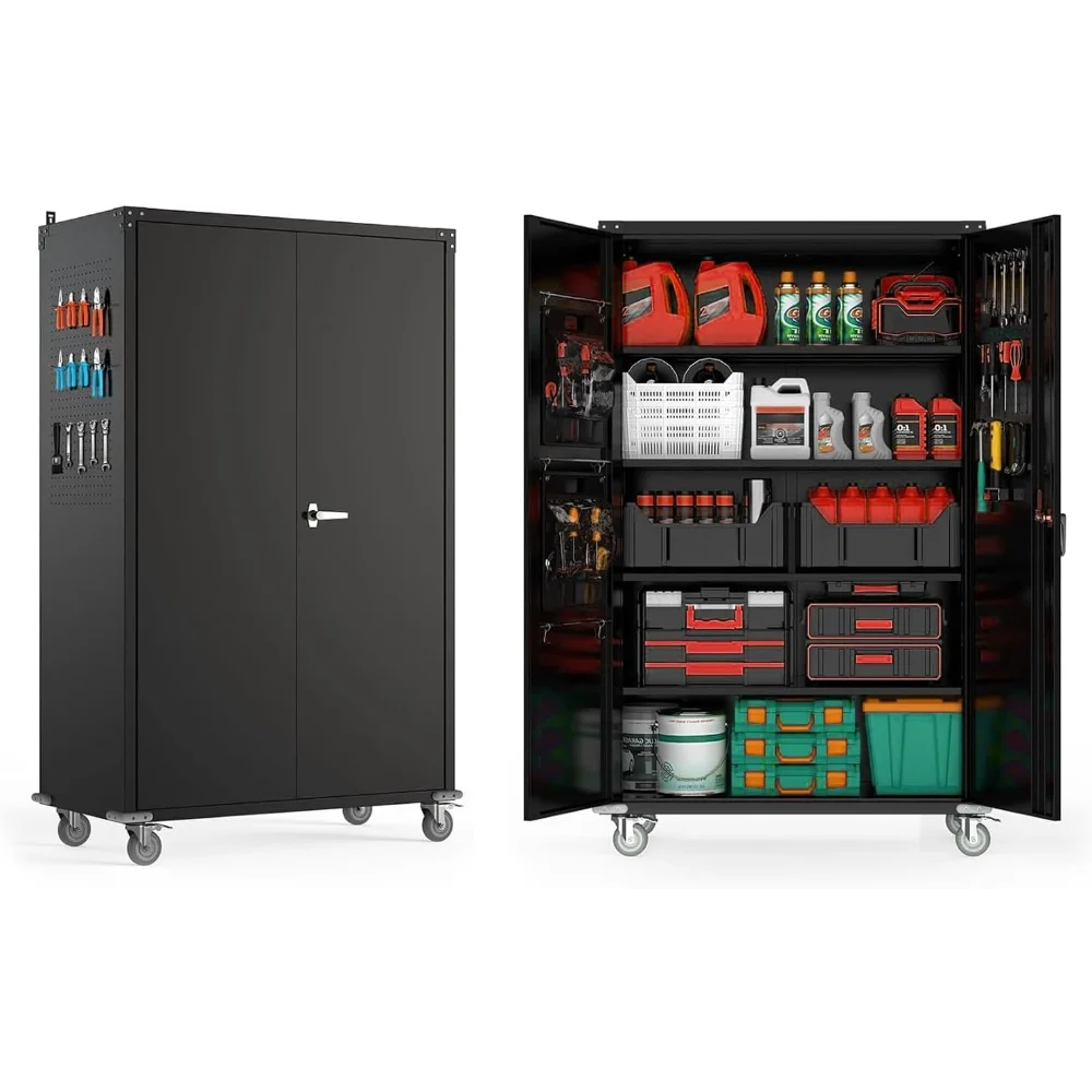 

72"x44"x22" Metal Garage Storage Cabinet with Wheels & Pegboards, Black Steel Locking Cabinet with 4 Adjustable Shelves