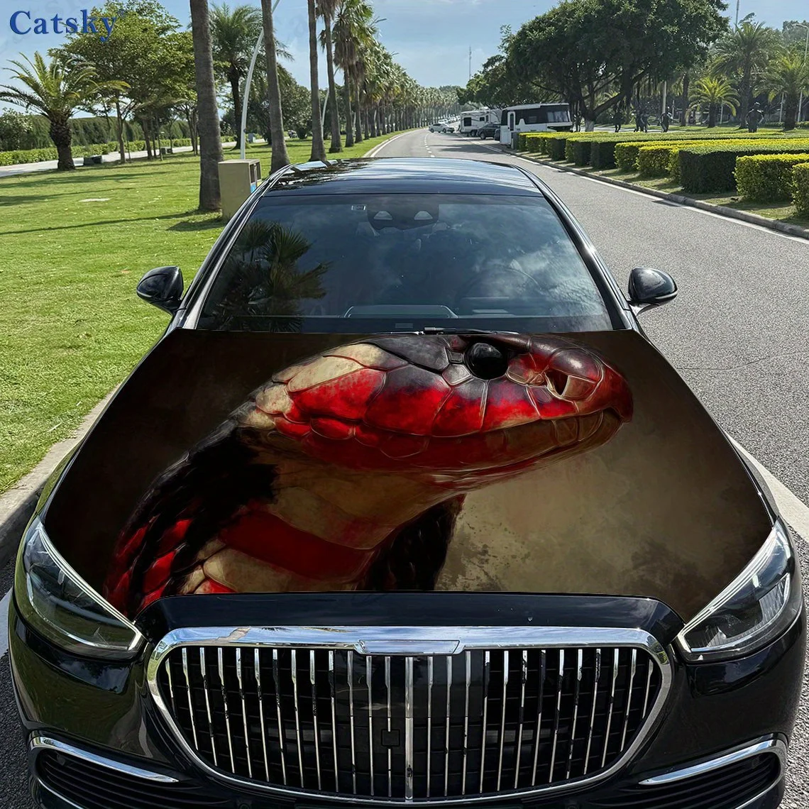 Vibrant Red - Patterned Snake Car hood decals, car cover decorative stickers, and vinyl wraps for cars, SUVs and trucks. Self-ad