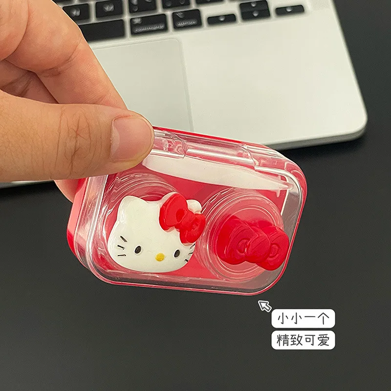 Sanrio casing lensa kontak Hello Kitty, sarung lensa kontak minus portabel kartun merah transparan Kawaii untuk hadiah perjalanan