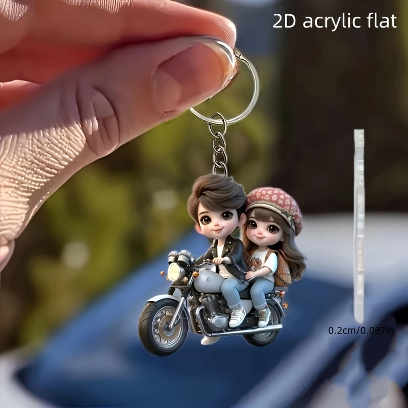 Porte-clés moto 2D plat pour couple – Pendentif en acrylique, couleurs vives, cadeau idéal pour sapin de Noël et décoration de fête