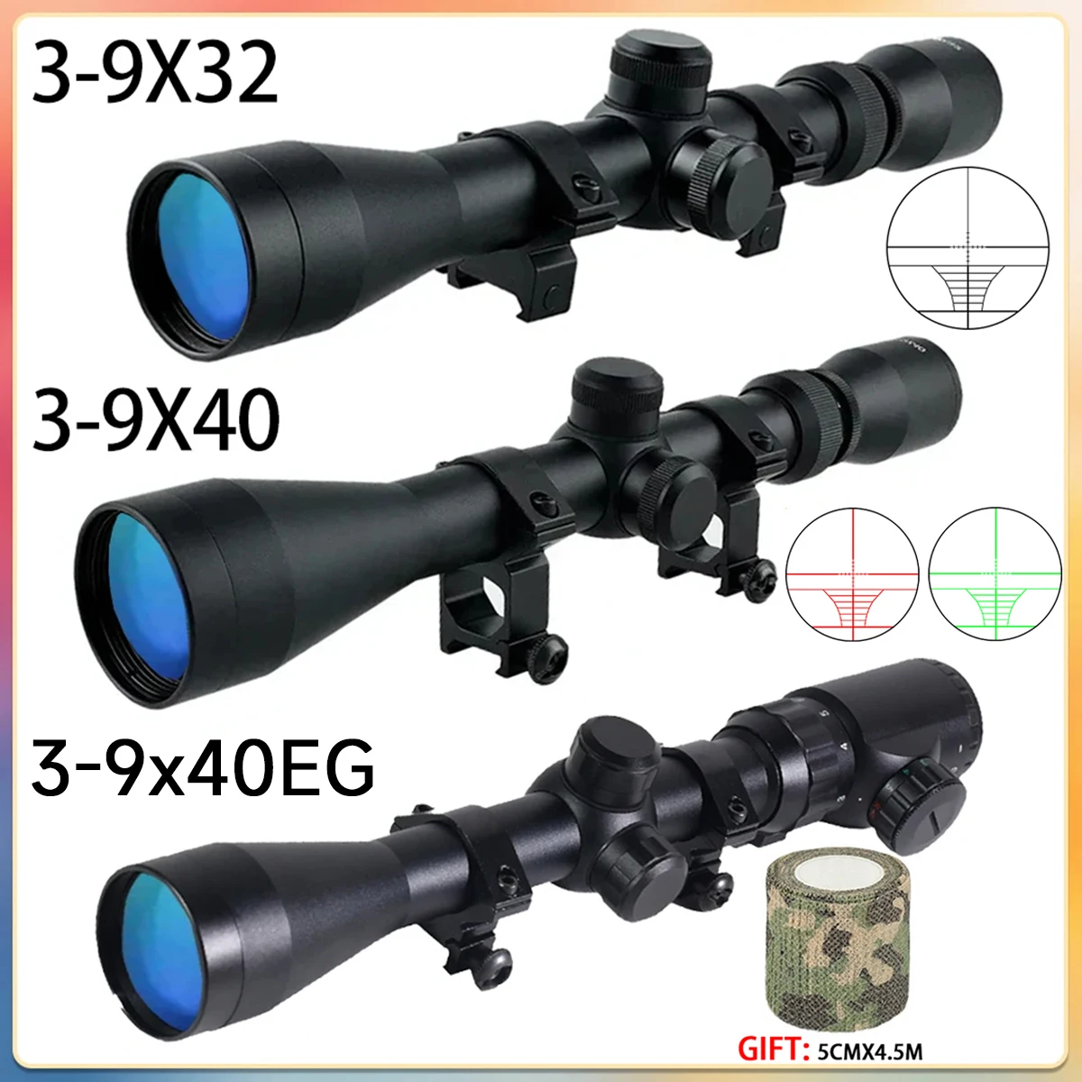 Tactical 3-9x32 3-9x40 Scopes Outdoor Hunting Riflescope 3-9X40EG Optical Shooting Airsoft Sight Green Red Illuminated Scope