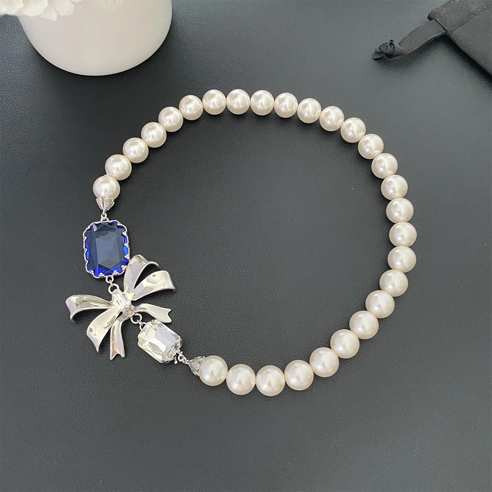 To Reines 2024 Elegant Pearl Necklace for Women Fashion Blue White Crystal Chain Necklace Girl Charms Vintage Choker Jewelry