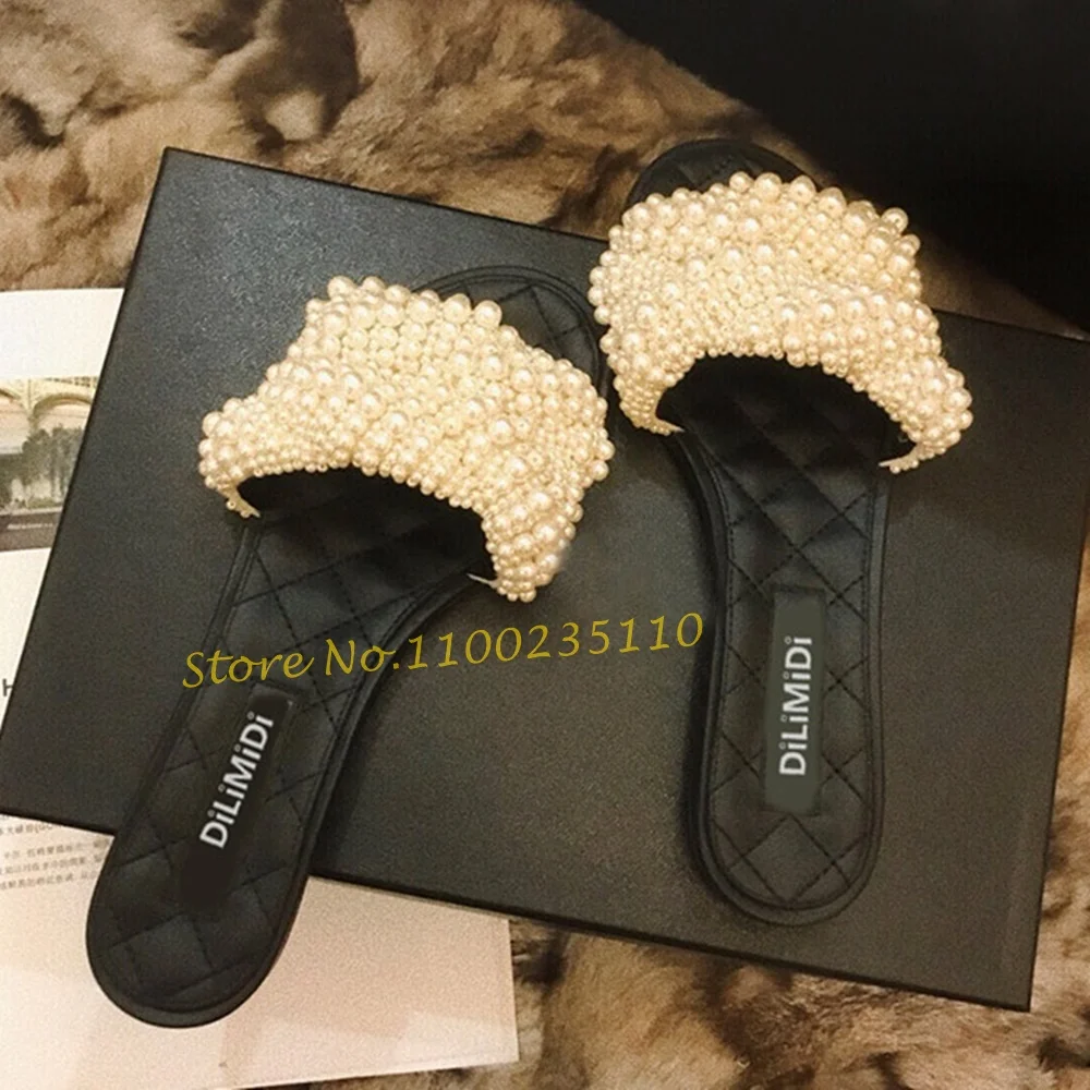 Luxury Women Pearls Flat Slippers Banquet Comfy Sweet Slippers Solid Open Toe 2022 Women Spring Summer Elegant Pearl Shoes