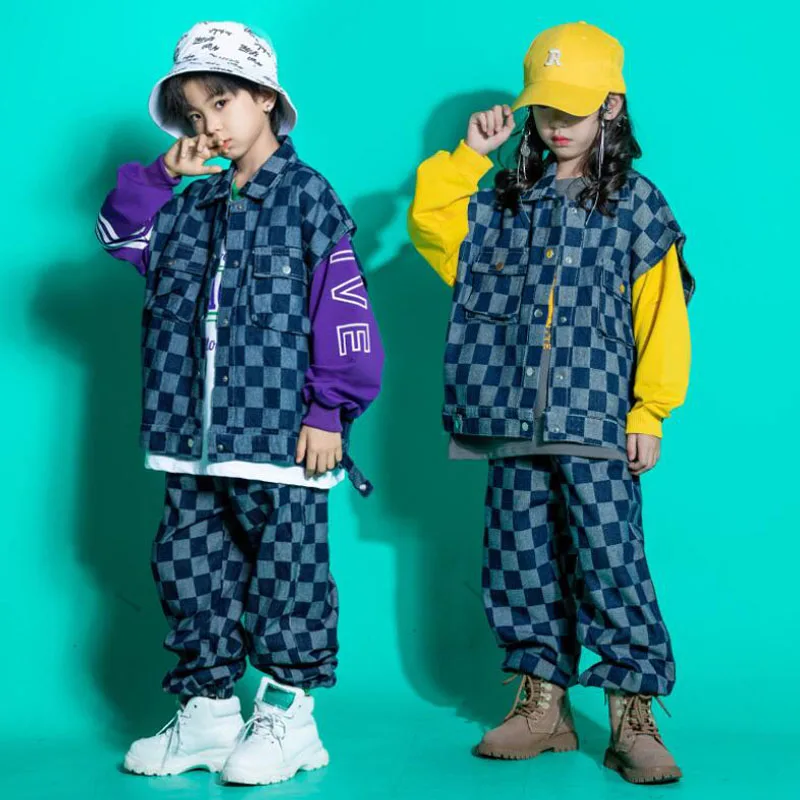 Kids Teen Kpop Outfits Hip Hop Clothing Checkered Denim Vest Joggers Pants For Girls Boys Jazz Dance Costume Streetwear Clothes