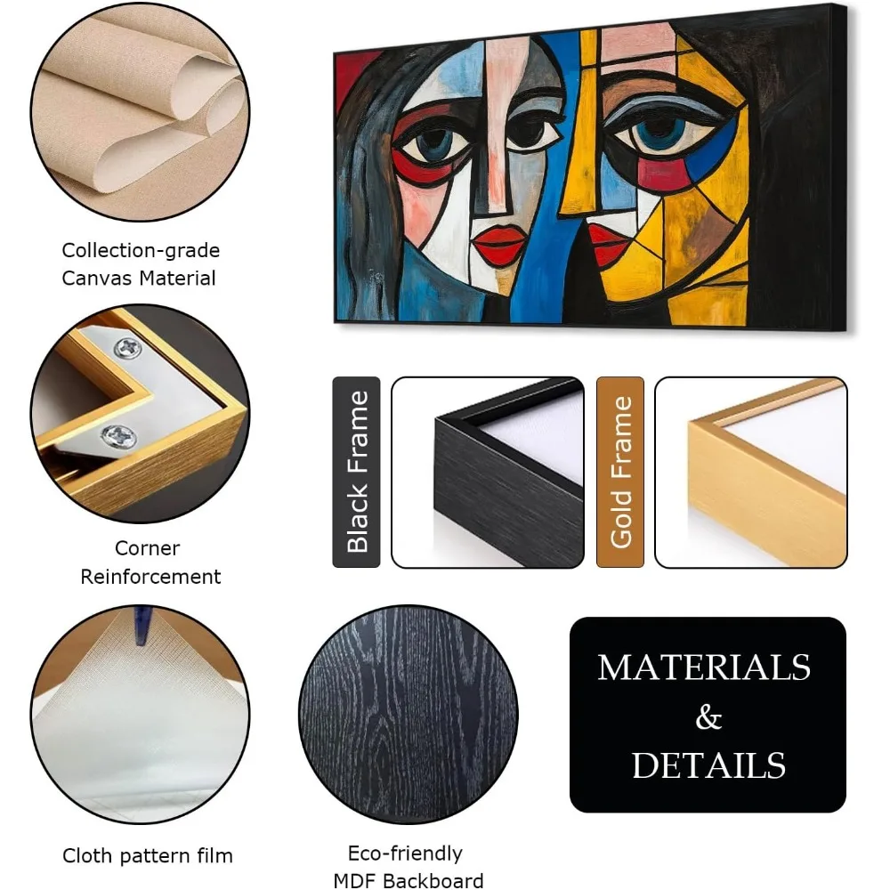 Seni Kanvas Wajah Wanita Abstrak, Lukisan Kubisme Picasso, Dekorasi Dinding Ruang Tamu (Bingkai Hitam, 62"x31" |   160x80cm)