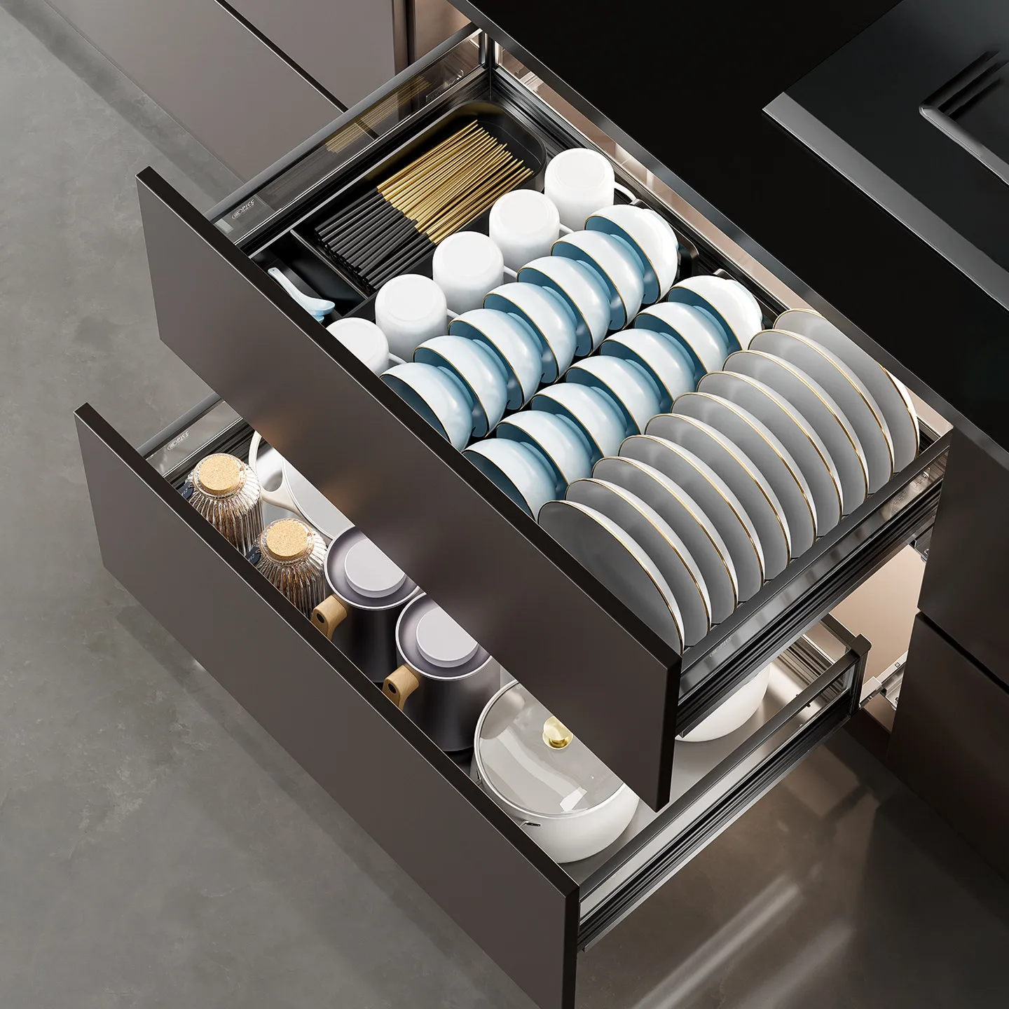 Kitchen Cabinet Draw Basket Dish Drawer Type Dish Basket Aluminum Alloy Stainless Steel Storage Double Layer Kitch