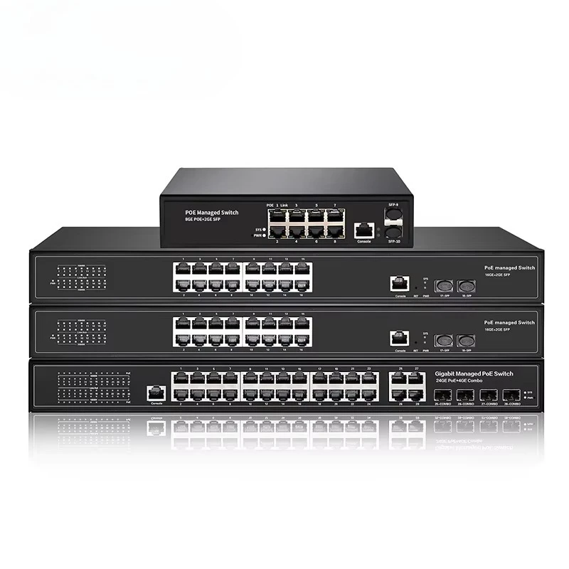 8-Ports 16 24 48 Ports Gigabit 802.3at PoE+ L2 Managed VLAN QoS SNMP CLI PoE Switch for IP Camera