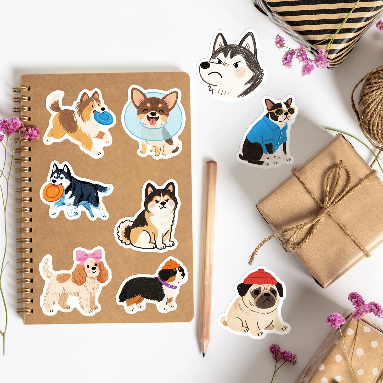 56PCS 손으로 그린 ​​개 만화 낙서 스티커 귀여운 애완 동물 노트북 컴퓨터 장식 고정 연필 스티커