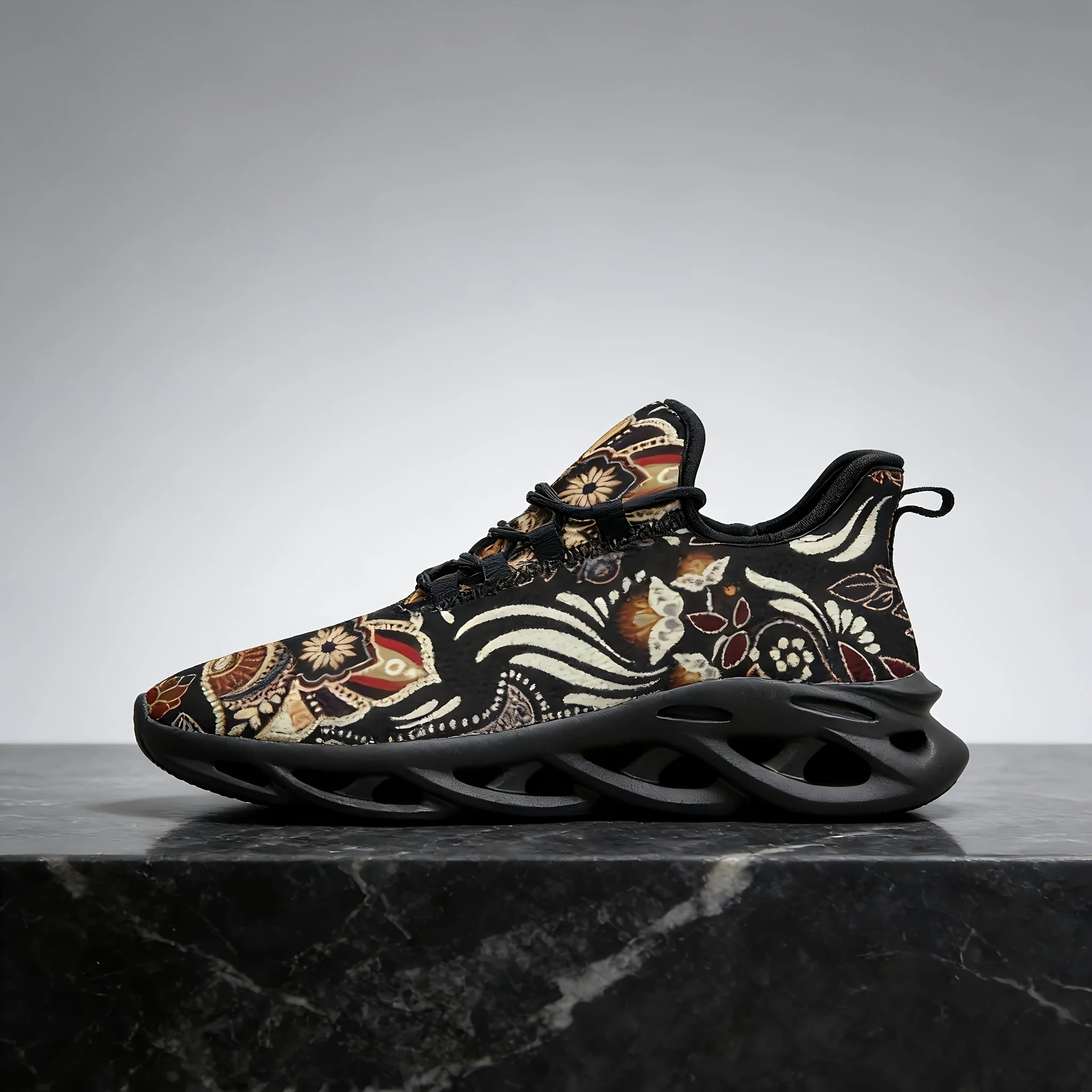 Customization Men' & Women' Low-Top Sneakers Indonesian Wax-Dye Mandala Print - Lightweight Breathable Fabric Upper & MD Sole, R