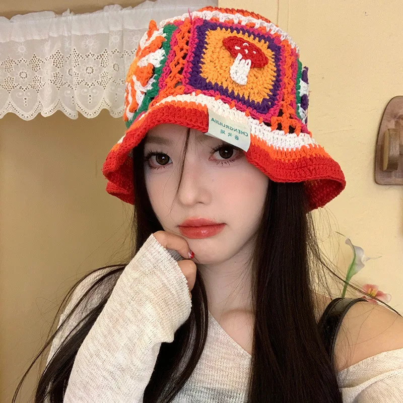 Handmade Crochet Bucket Hat Women Autumn Winter Flower Knit Beanies INS Korean Casual Beanies Panama Cap Fisherman Hat