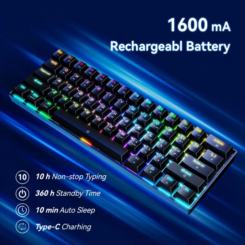

RGB Mechanical Keyboard, Low Profile, Portable Gaming Keyboard, Bluetooth, Wireless, 61 Key, Black Tea Shaft, 2.4G