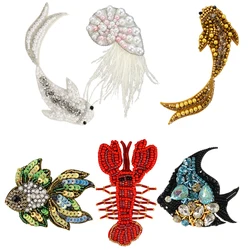 Exquisite Handmade Rhinestone Bead Sequin Patch Fish SeaStar Shell Sea Horse Shrimp Badge Sew Crystal