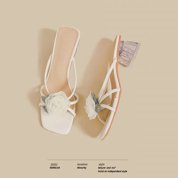 

Stunning Crystal Chunky Heel Slippers for Women, Summer 2026 New Fairy-style Floral High-heeled Sandals To Pair with Skirts