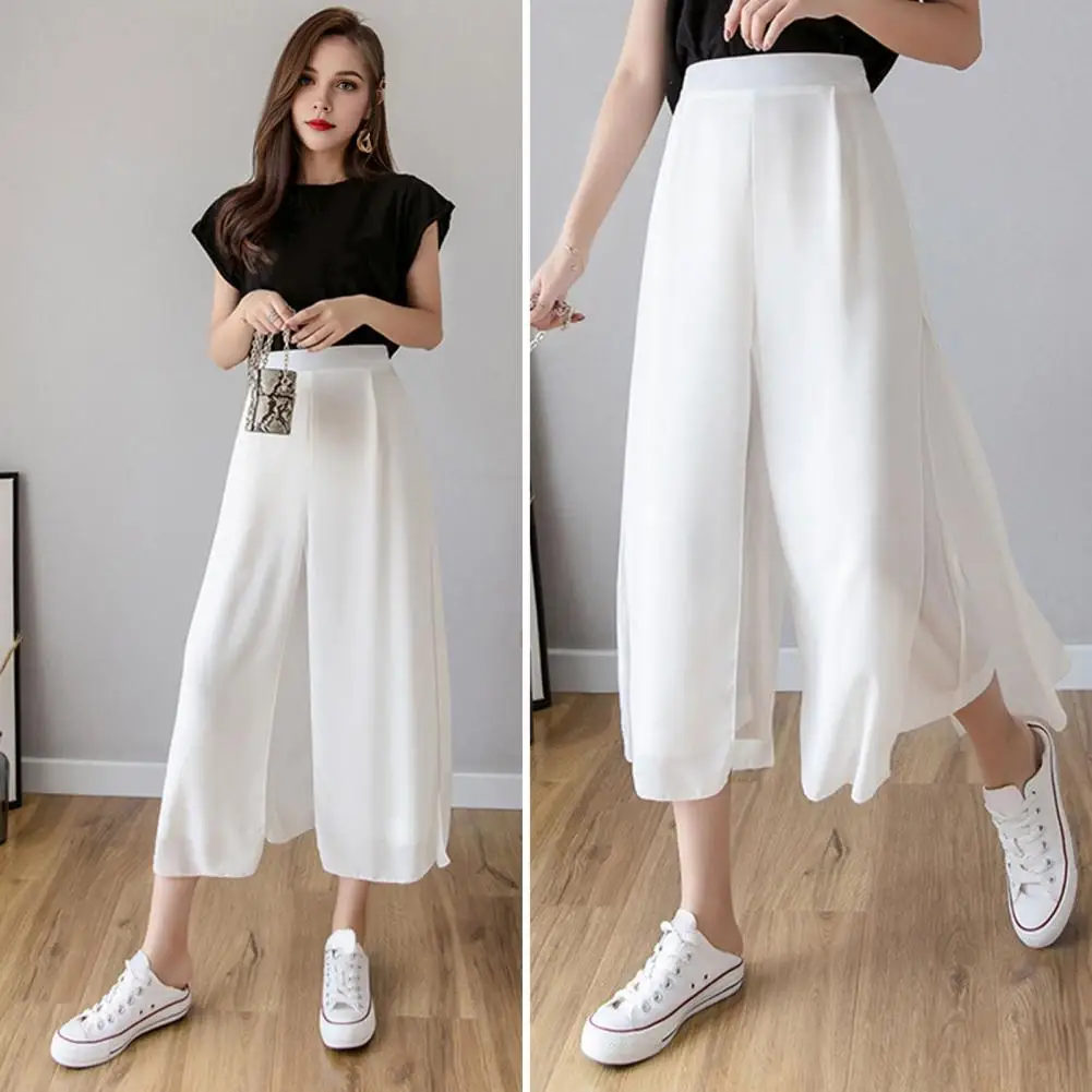 

Culottes Pants Long Culottes Stylish Women's Wide-leg Culottes Elastic High Waist Chiffon Trousers for Daily Wear Casual