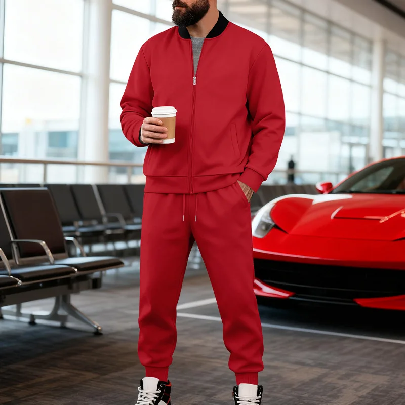 

Men's spring-autumn fashionable casual suit with zipper, breathable plain-colored baseball shirt set, beach camping sportswear