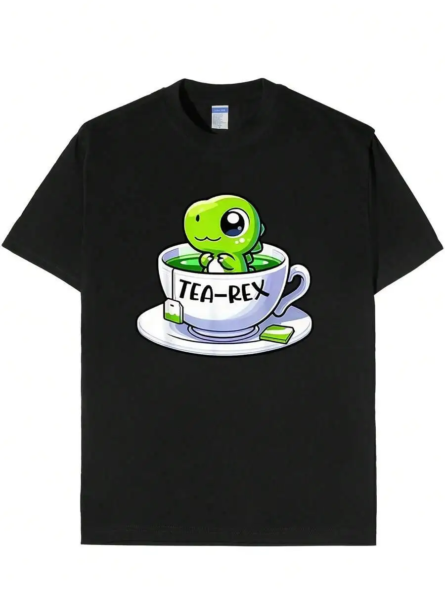 Men's "Tea-Rex" T-Shirt - Funny In Teacup Design, Stretch Cotton, Short Sleeve Tee For Tea Lovers, Black With Green Dinosaur