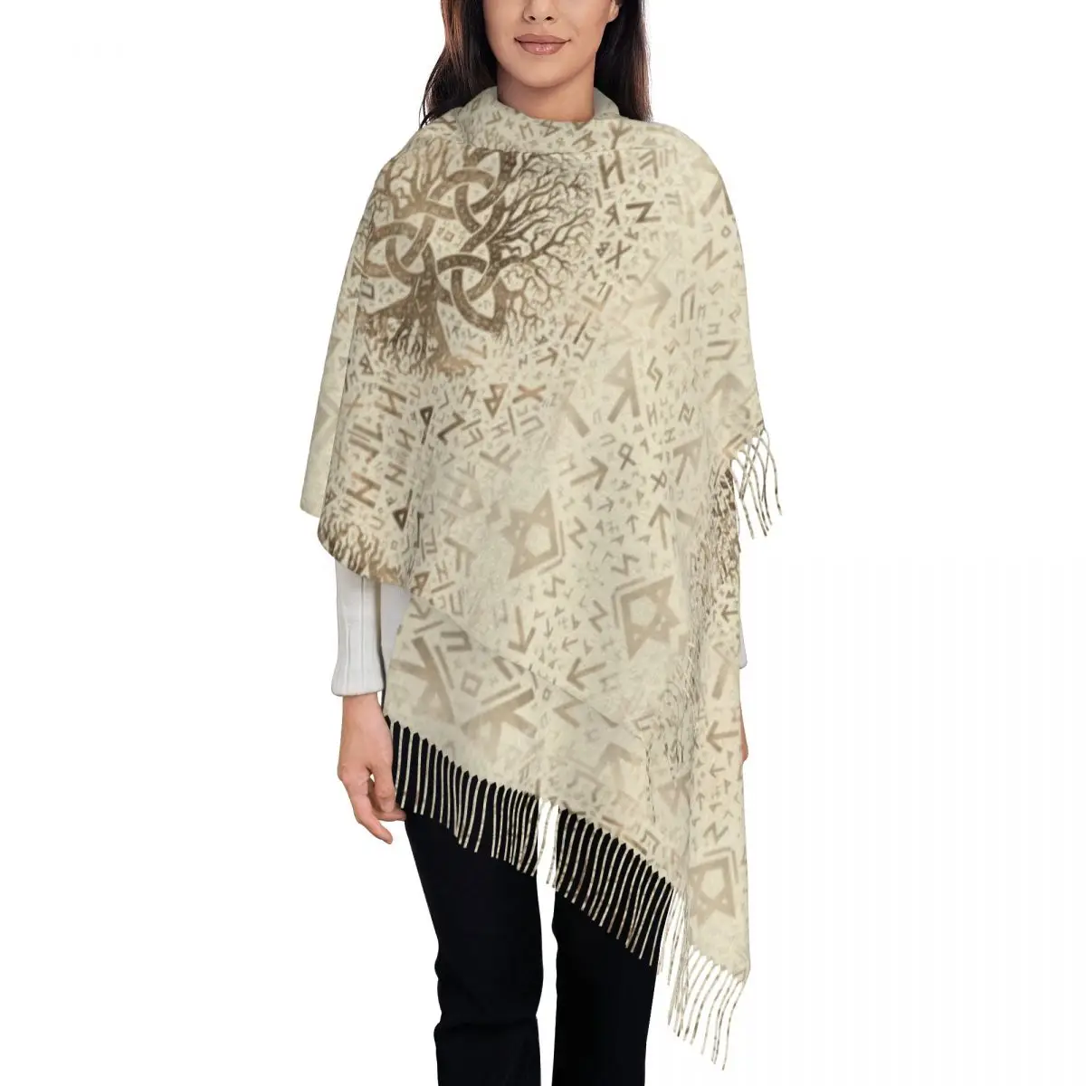 

Напечатанное на заказ дерево жизни с шарфом Triquetra и Futhark для мужчин и женщин, зимние теплые шарфы, шаль викингов, накидка