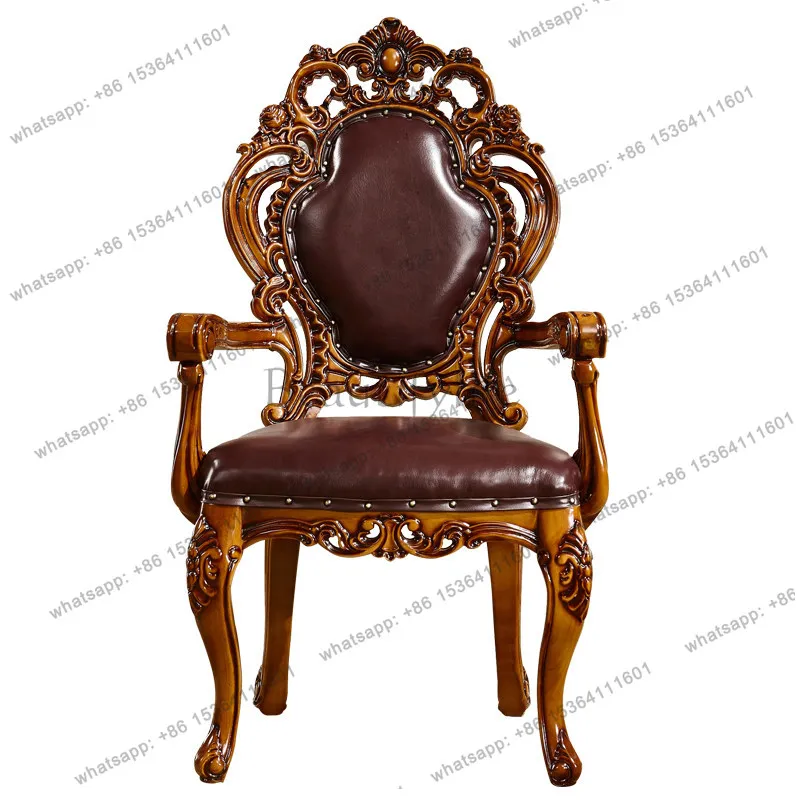

European leather dining chair full solid wood carving flower dining room study back leisure chair