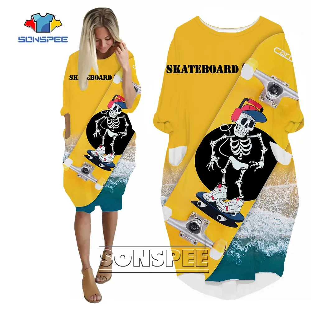 

SONSPEE 2022 Long Sleeves Woman's Dress Suit Girl Lady Street Casual Over the Knee Gown Cool Anime Skull Skateboard Print Skirt