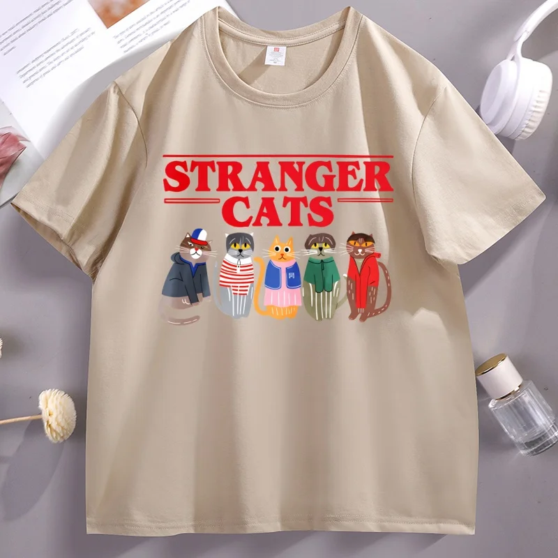 Stranger Cats T-Shirt Funny Printed Cotton Short Sleeve Loose Tee Shirt Soft High Quality O Neck Tshirt Breathable Casual Tops