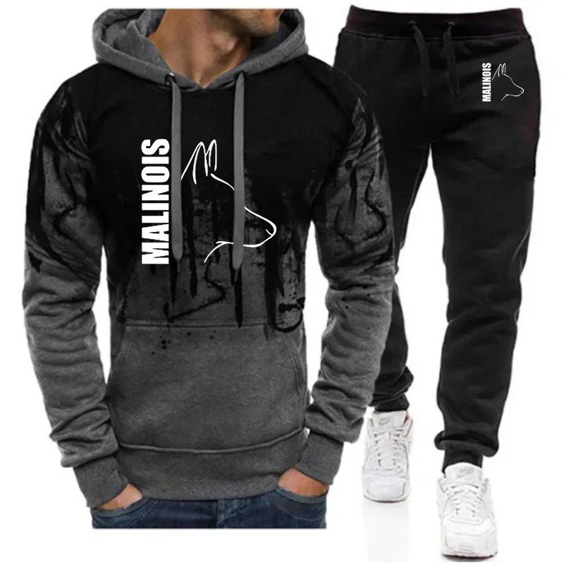 2024 New Silly Dog Belgian Malinois Spring and Autumn Men Printing Pullover Hoodie + Trousers New Gradient Color Two-piece Set