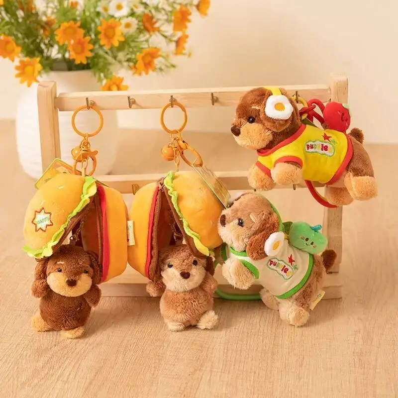 Porte-clés en peluche teckel de dessin animé Kawaii, poupée jouet mignon chien Hamburger pendentif spécial enfant petite amie cadeau d'anniversaire décor de sac à dos
