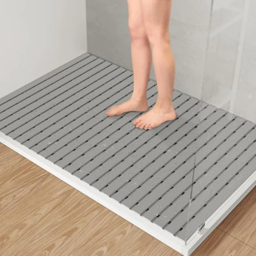 

PVC Large Shower Mat 35.4 × 24 Inch Non Suction Cup Non Slip Shower Floor Mat Easy to Cut and Curlable Stand Up Shower Stall Ma