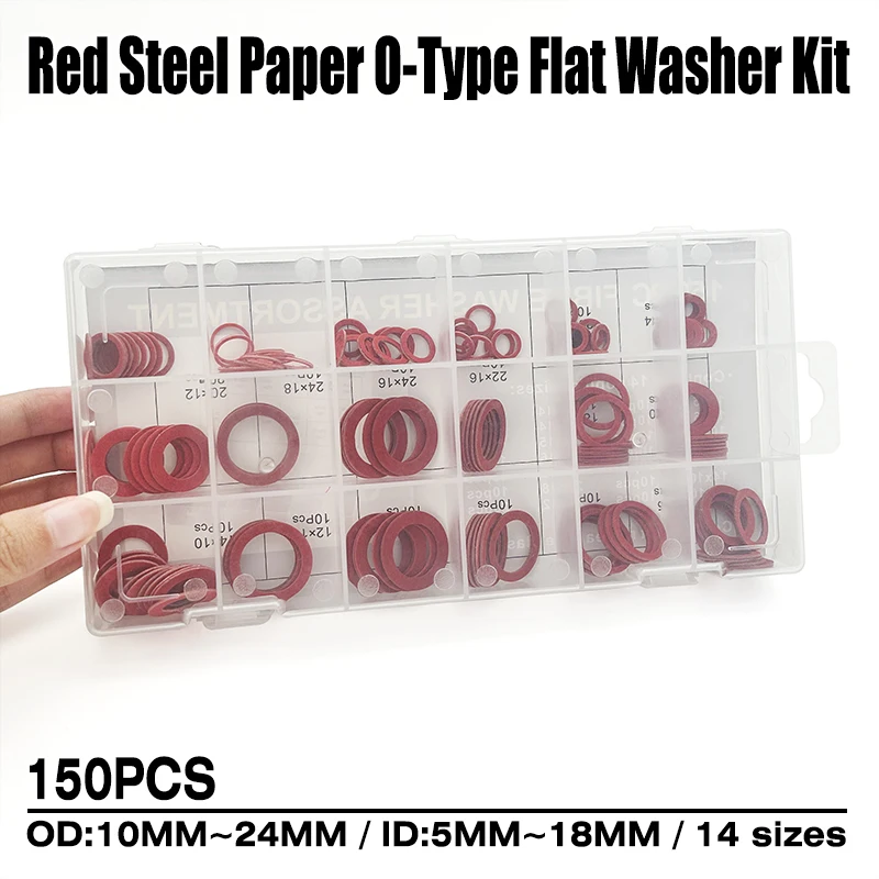 

150pcs ID 5-18mm OD 10~24mm Flat Washer Red Steel Paper Fiber Insulation Washer O-Ring Flat Ring Seal Fastener Spacer Tools Set