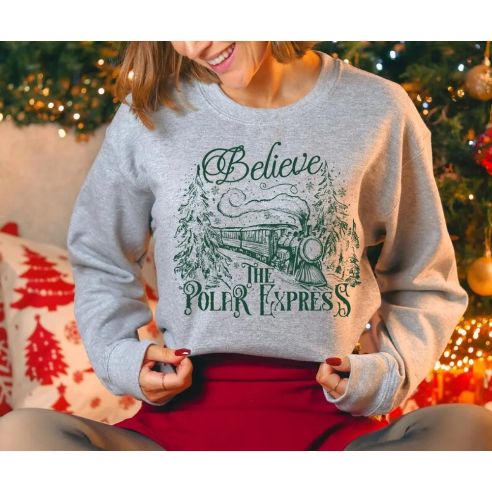 Believe The Polar Express Sweatshirt Xmas Merry Christmas Sweater Polar Express Hoodie Believe Santa Merry Xmas Hoodies Women