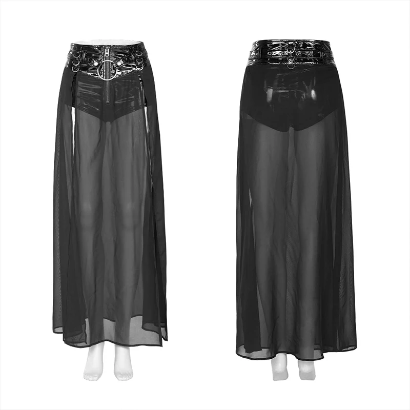 Women's Punk Fake Two-Piece Skirt, Black Polyester Spandex Mesh Maxi Half Skirt WQ494 BR