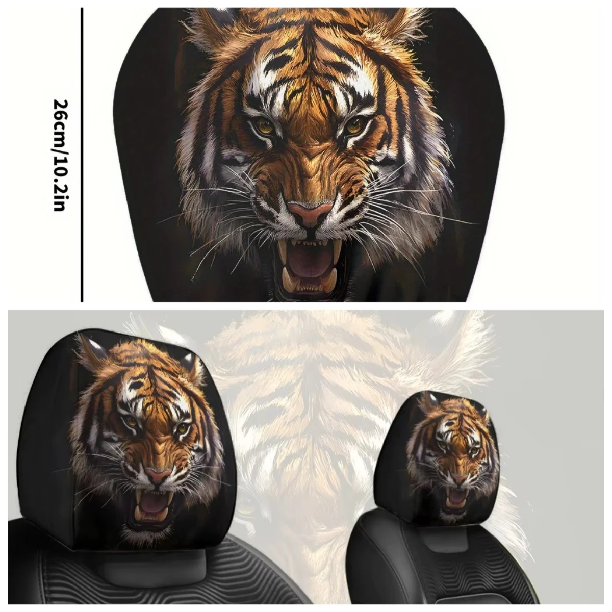 Powerful Tiger Universal Breathable car headrest Cover two-piece set, retractable, car interior accessory, festival gift