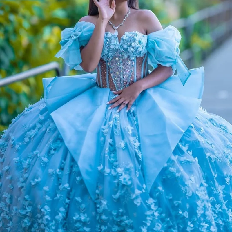 

Blue Shiny Princess Quinceanera Dresses Appliqued Flower Beads Tull Bow Sweet 16 Dress Sweetheart Off Shoulder Ball Gown Vestido