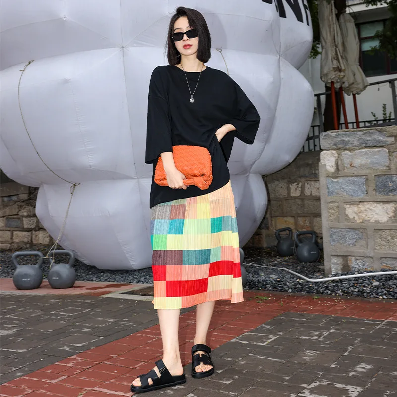 Miyake Style Comfortable Casual Print Slim Fit Elegant Fashion Pleated Skirt Women 2024 Summer New Style