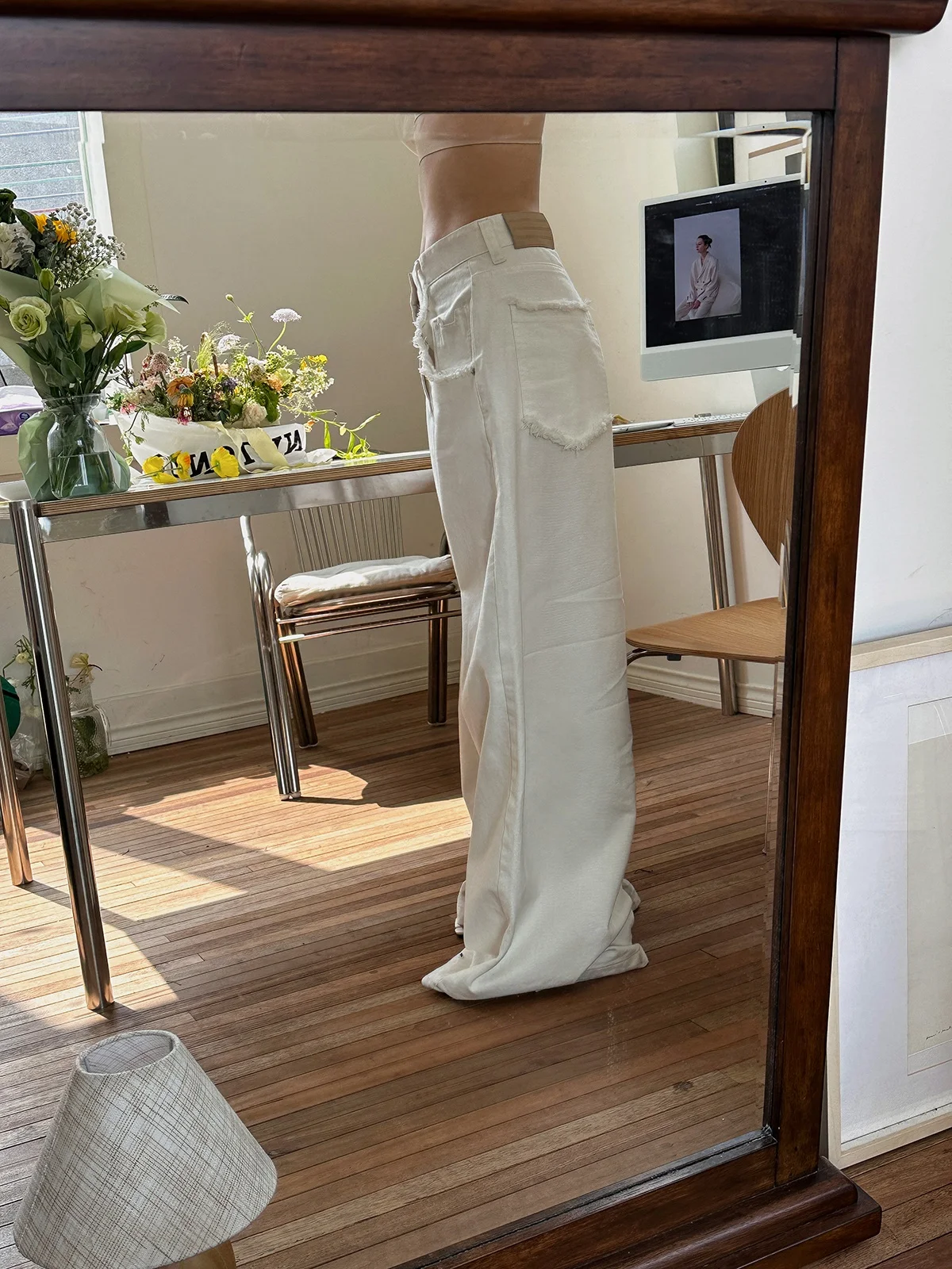 

MOEROP широкие брюки с высокой талией, женские белые длинные брюки свободного покроя с потертостями, весенне-осенние хлопковые эластичные джинсовые брюки