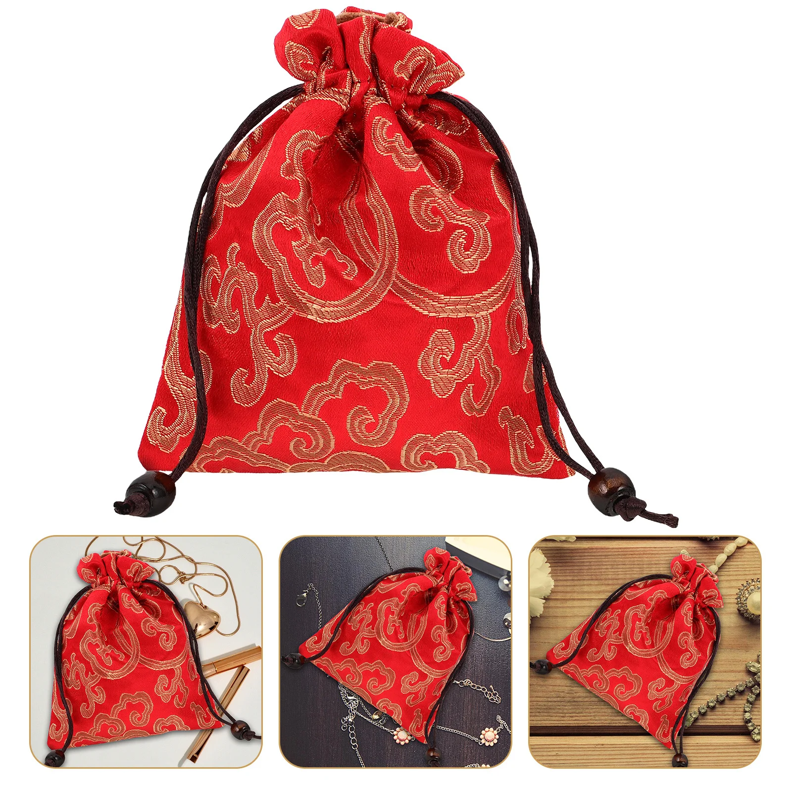 

Pouch Singing Bowl Storage Bag Chinese New Year Lucky Silk Jewelry Red Embroidered Brocade