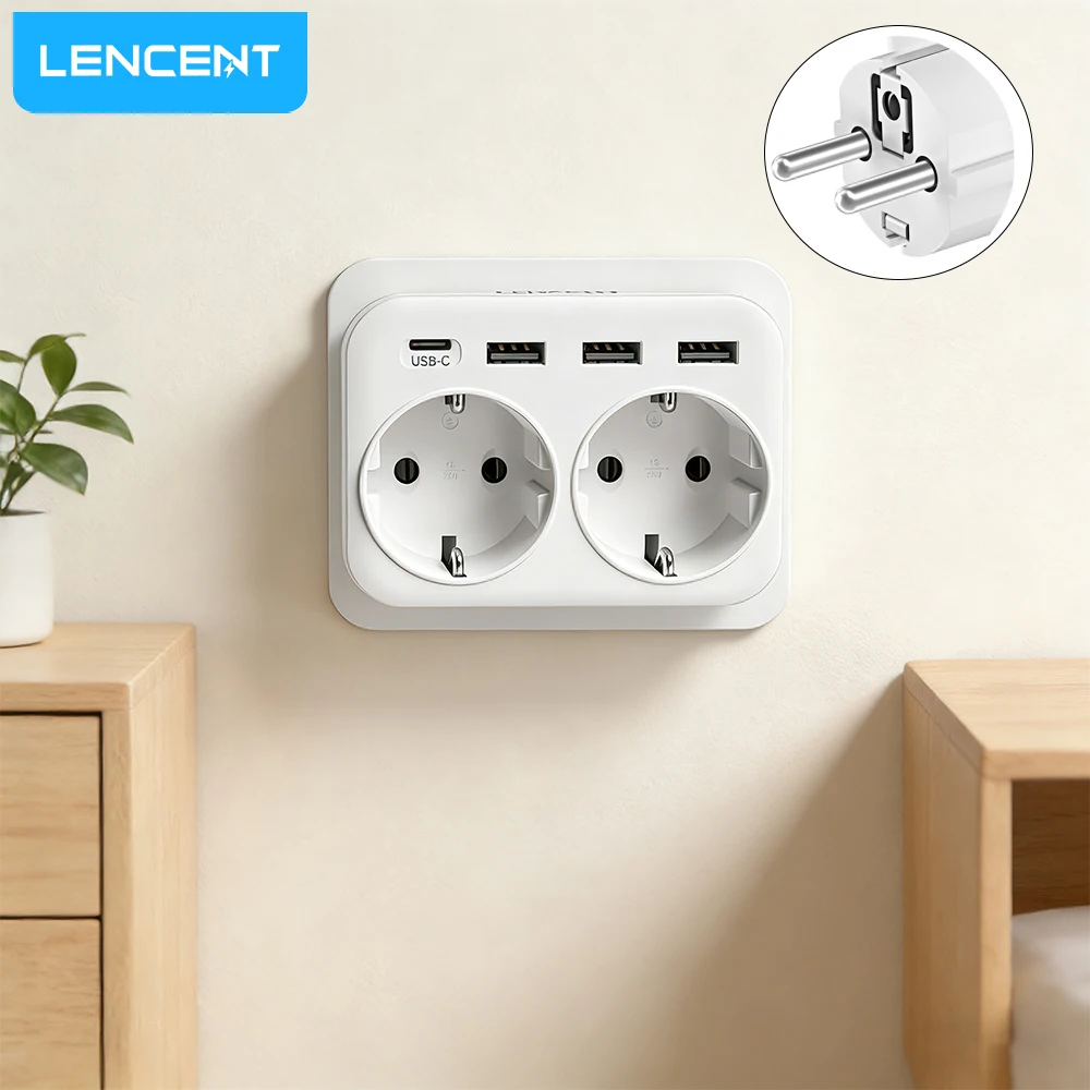 

LENCENT Wall Charger 6 in 1 Thief Sockets with 2 Schuko Sockets 3 USB Ports and 1 Type C Multiple Plug Adapter for Home Office