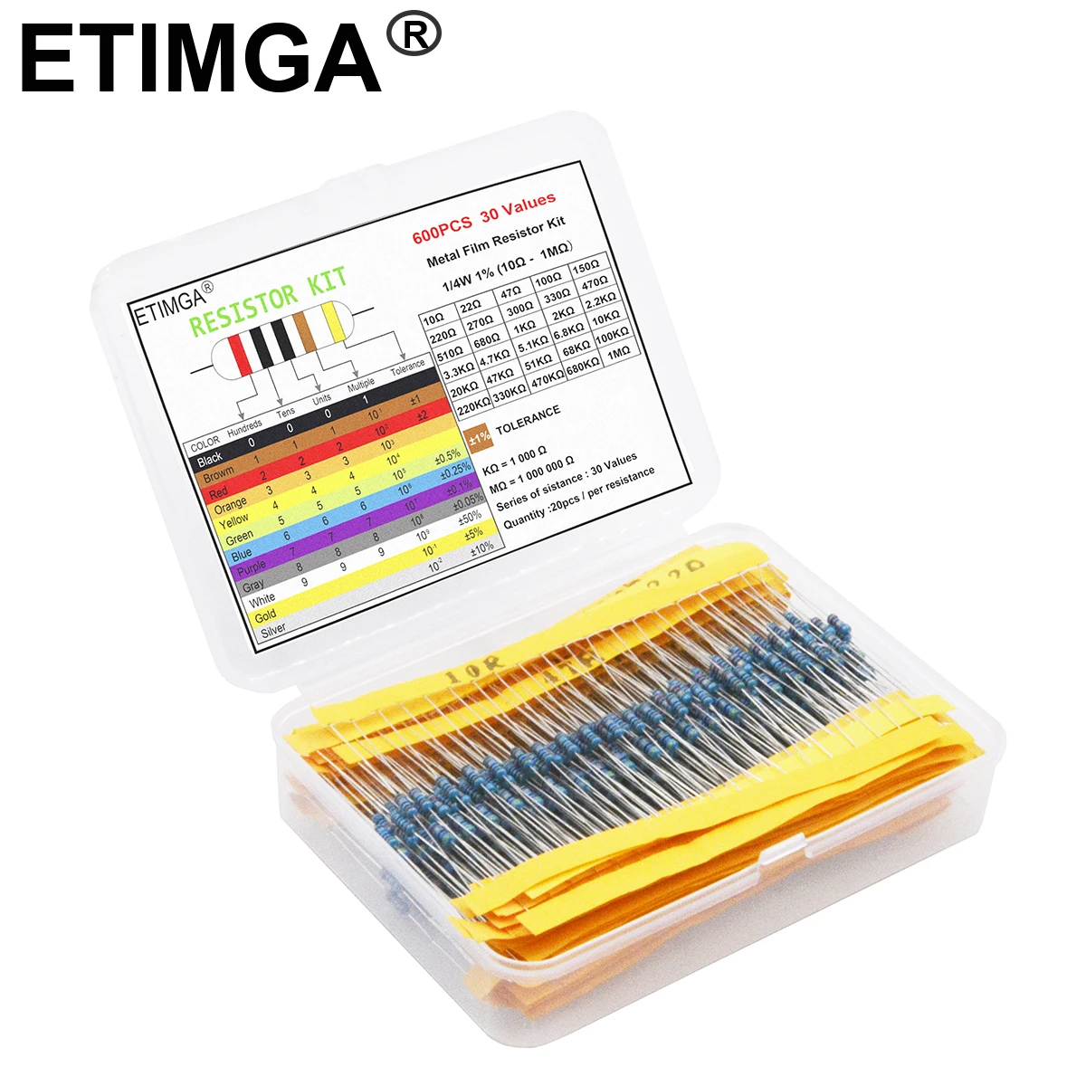 600/300PCS 1/4w Metal Film Resistor 30 Values Resistance Kit 10R-1M 150R 680K 0.25W 1% Resistors Set